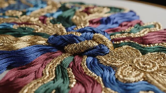 Close-up of Luxurious Hand Embroidery with Gold Thread, Silk Floss, and Decorative Stitches, Elegant Craft