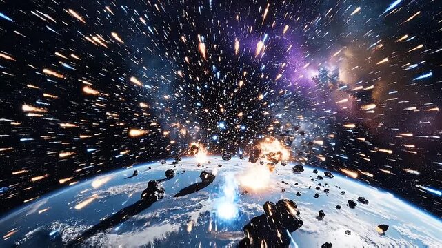 Luminous cosmic debris impacts Earth causing fiery explosions under a starry dark space sky.