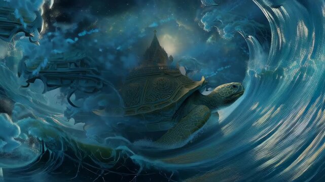 Majestic Turtle Emerging from Ocean Waves with Divine Elements in a Mythological Scene for Religious and Cultural Themes