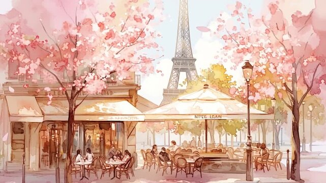 People sit at tables outside a cafe under blooming cherry trees near the Eiffel Tower during springtime in Paris, France