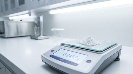 Digital scale measuring white powder with laboratory equipment in the background