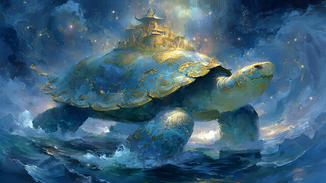 Mythological Turtle Carving with Ornate Palace on Back in Mystical Ocean Setting