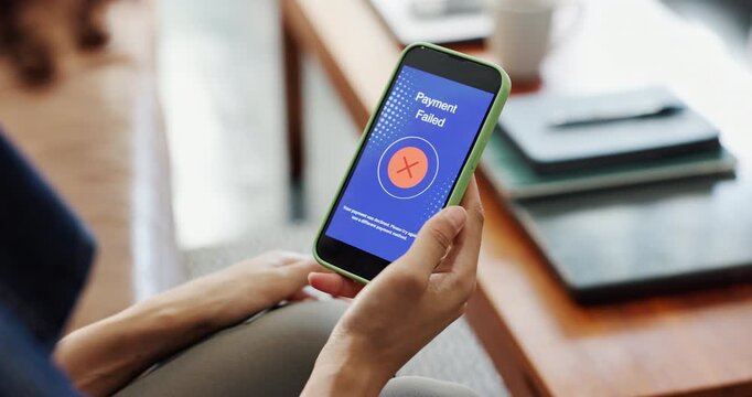 Hands, payment and credit card with phone screen, fail and challenge for online shopping in home. Person, digital banking error or eft transaction with fintech app glitch, ecommerce problem or issue.