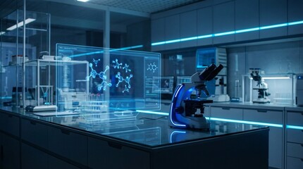 Futuristic science laboratory with holographic molecular display and advanced microscopes