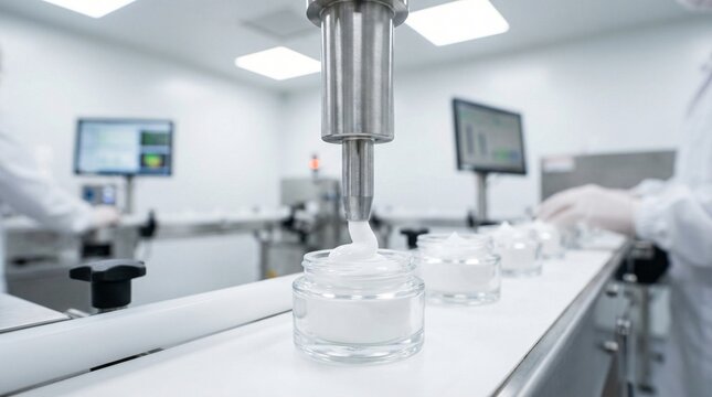 Automated production line filling glass jars with white cream in a cleanroom