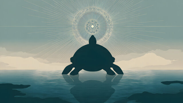 Silhouette of a Tortoise with Radiant Mandala and Ocean Background Representing Kurma Avatar of Vishnu during Jayanti Celebration