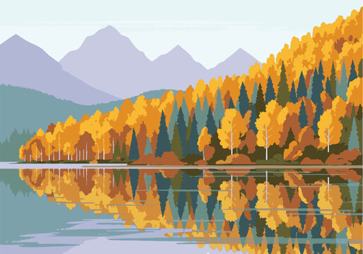 Autumn mountain landscape with colorful forest reflected in tranquil lake