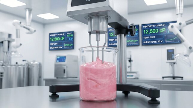 A viscometer mixes pink substance in beaker displaying viscosity data on screens