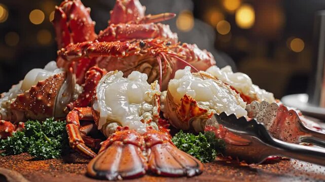 Delicious steamed whole lobster dish with prepared tail and claw meat, served on a wooden board ready to eat
