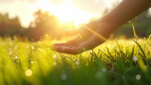Hand gently touching fresh dewy grass at golden sunrise