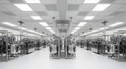Obraz premium Sterile manufacturing facility with rows of gleaming stainless steel bioreactors and complex piping systems