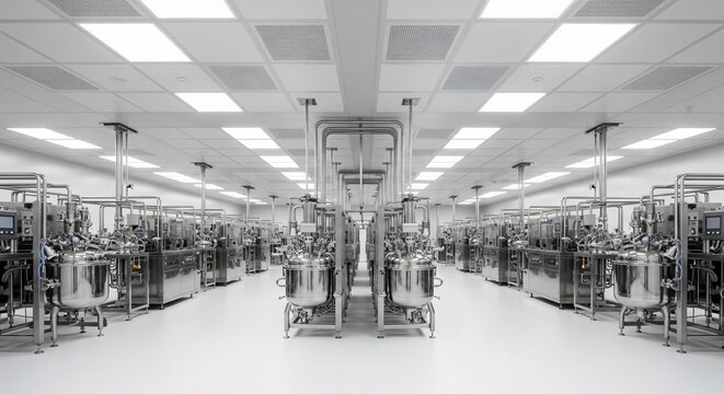 Sterile manufacturing facility with rows of gleaming stainless steel bioreactors and complex piping systems