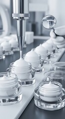 Cream being dispensed by a machine into small glass jars on a production line