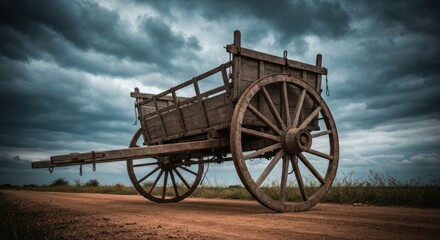 Obraz premium Old wooden cart on dirt road, stormy sky
