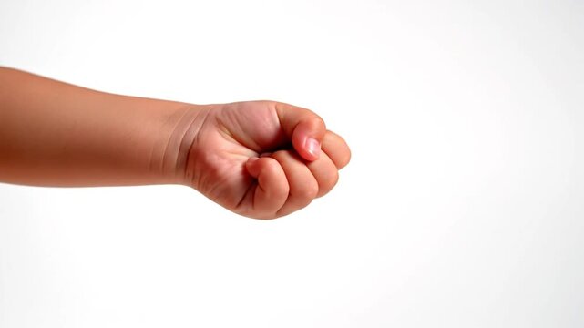 Baby's hand closes into a fist against a white background, demonstrating growth and development
