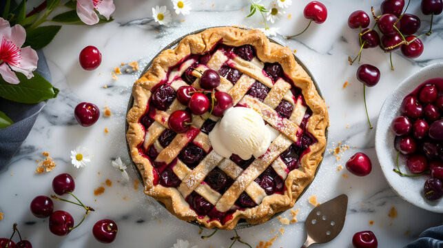 Rustic cherry pie with ice cream in elegant food styling scene for culinary inspiration