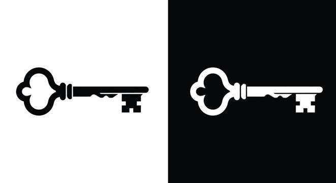 An antique-inspired graphic illustration of a vintage skeleton key with an ornate heart-shaped bow, rendered in stark black on white and crisp white on black backgrounds, symbolizing access or unlocki