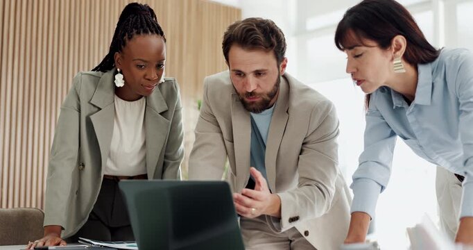 Laptop, brainstorming or business people with discussion in boardroom, budget meeting or department limit review. Talk, teamwork or group with pc for planning, wealth management or money distribution