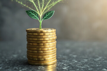 A stack of golden coins sits with digital growth representing financial growth and successful business investment in the modern banking economy