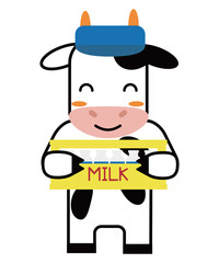 牛乳配達をする牛のキャラクターの牛乳箱を持った笑顔のイラスト