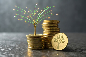 A stack of golden coins sits with digital growth representing financial growth and successful business investment in the modern banking economy