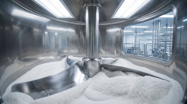 Stainless steel industrial mixing tank filled with white powder a large central agitator blades churning