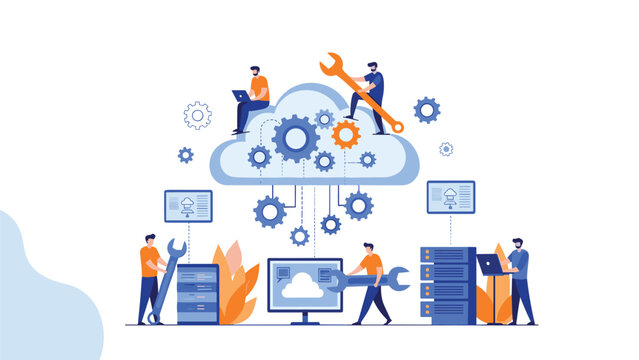 Cloud server maintenance and technical support concept with people characters repairing and managing digital data.