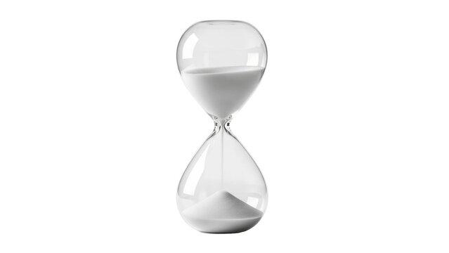 White sand flowing in transparent glass hourglass, counting down time, cut out, stock png, isolated on transparent background