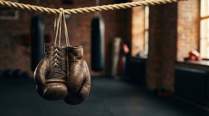 Worn Brown Boxing Gloves Hanging on Rope in Vintage Gym Interior Setting