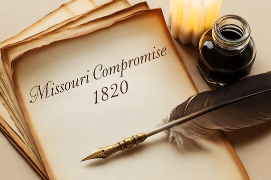 Vintage book with Missouri Compromise 1820 text, antique quill pen and inkwell on table