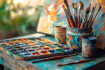 Fototapeta premium Modern artist workspace with paint tools and vibrant colors image