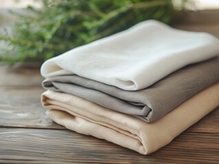 Folded natural linen fabrics in neutral tones on rustic wooden table