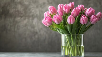 Pink tulip bouquet in a clear glass vase on a neutral background