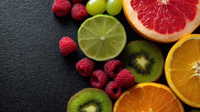 Fresh and colorful fruit medley including citrus, kiwi, and raspberries on a dark textured background.