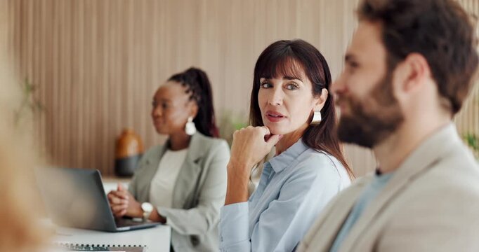 Attention, meeting and workshop with business woman in office for training or upskill development. Audience, listening and presentation with employee people in corporate workplace for company growth