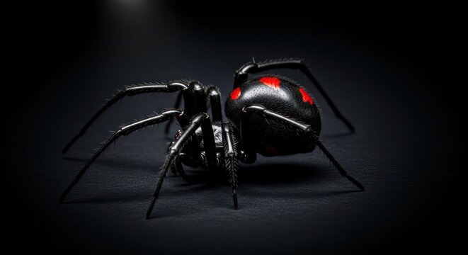 Venomous beauty black widow spider with striking red markings illuminated against a dark backdrop