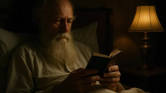 An elderly Caucasian man with a long white beard reads a book in bed. A bedside lamp casts a warm glow in a cozy room, reflecting a moment of contemplation.