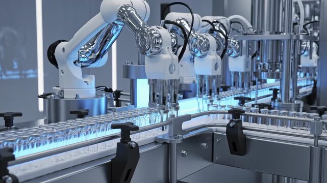 Seamless loop abstract wide shot of hundreds of empty glass vials gliding into a soft glowing blue filling zone operated by automated robotic arms on a cleanroom conveyor glowing, loop, biotech