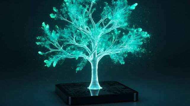 Glowing blue tree on a futuristic circuit board base