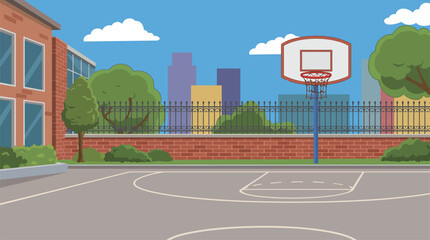 A bright and inviting basketball court located in a school environment, depicted with scenic surroundings and a vibrant urban backdrop, perfect for sports enthusiasts. © Binglong