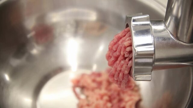 Close-up of electric meat grinder mechanism extruding pink ground meat into metal mixing bowl, creation of fresh minced meat for recipe, process of food preparation at home