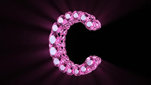 Luxurious 3D animated pink diamond letter C, sparkling and radiating light against a black background