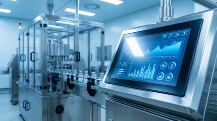 Obraz premium Automated production line with digital control panel displaying graphs and data