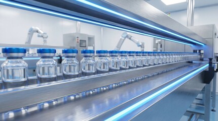 Obraz premium Pharmaceutical production line with robotic arms and automated assembly of medicine vials