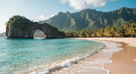 Tropical beach with arch and mountain view