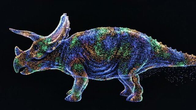 Spectacular colorful point cloud rendering of a triceratops dinosaur on black background demonstrating the beauty of digital technology