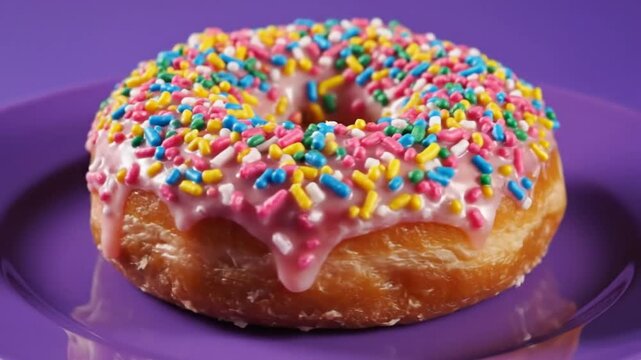 Delicious glazed donut with pink icing and colorful sprinkles on a purple plate against purple backdrop