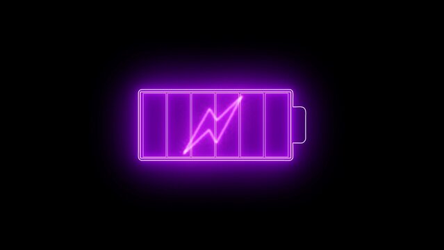 A glowing purple battery icon with a lightning bolt symbol on a black background