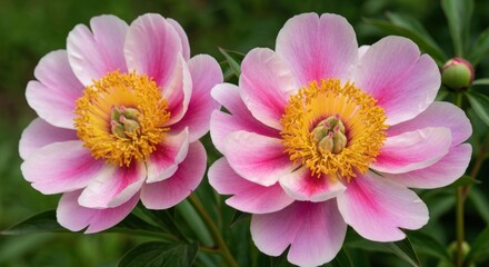 Two pink peonies, yellow centers