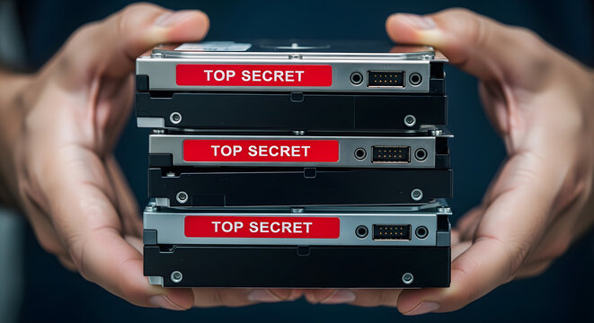 Hands hold stack of top secret hard drives for secure data storage and handling